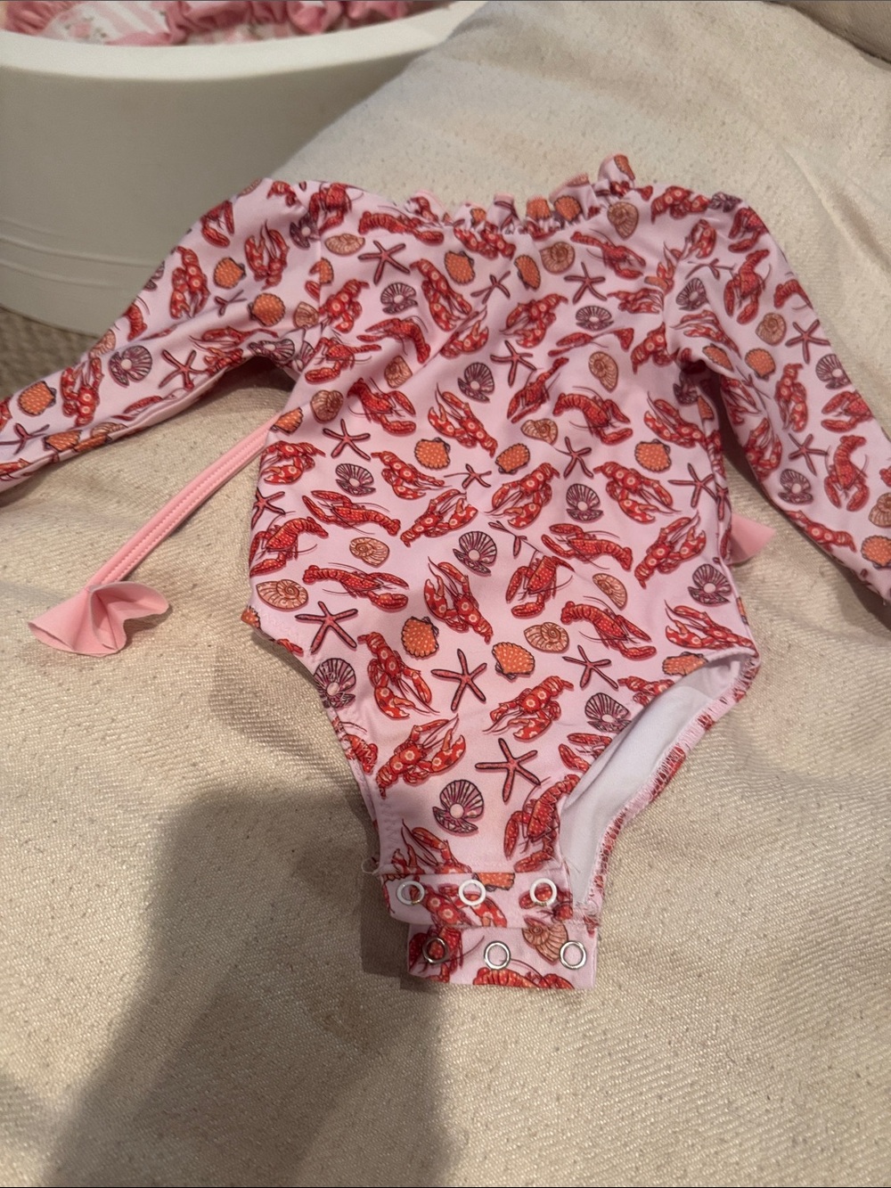 Girls Pink Seashell Print Long-Sleeve Swim One-Piece